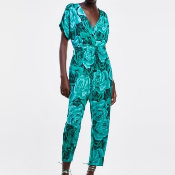 Zara Pants - Zara Green Roses Print Jumpsuit M